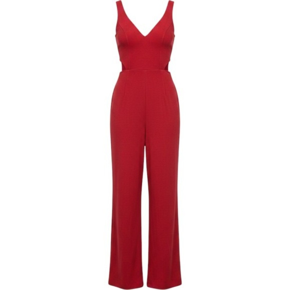 Crystal Sky Red Side Cut Out Wide Leg Sleeveless Jumpsuit V-Neck Pockets Medium